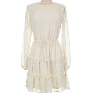 Long-Sleeve Cream Tiered Dress with Drawstring Waist